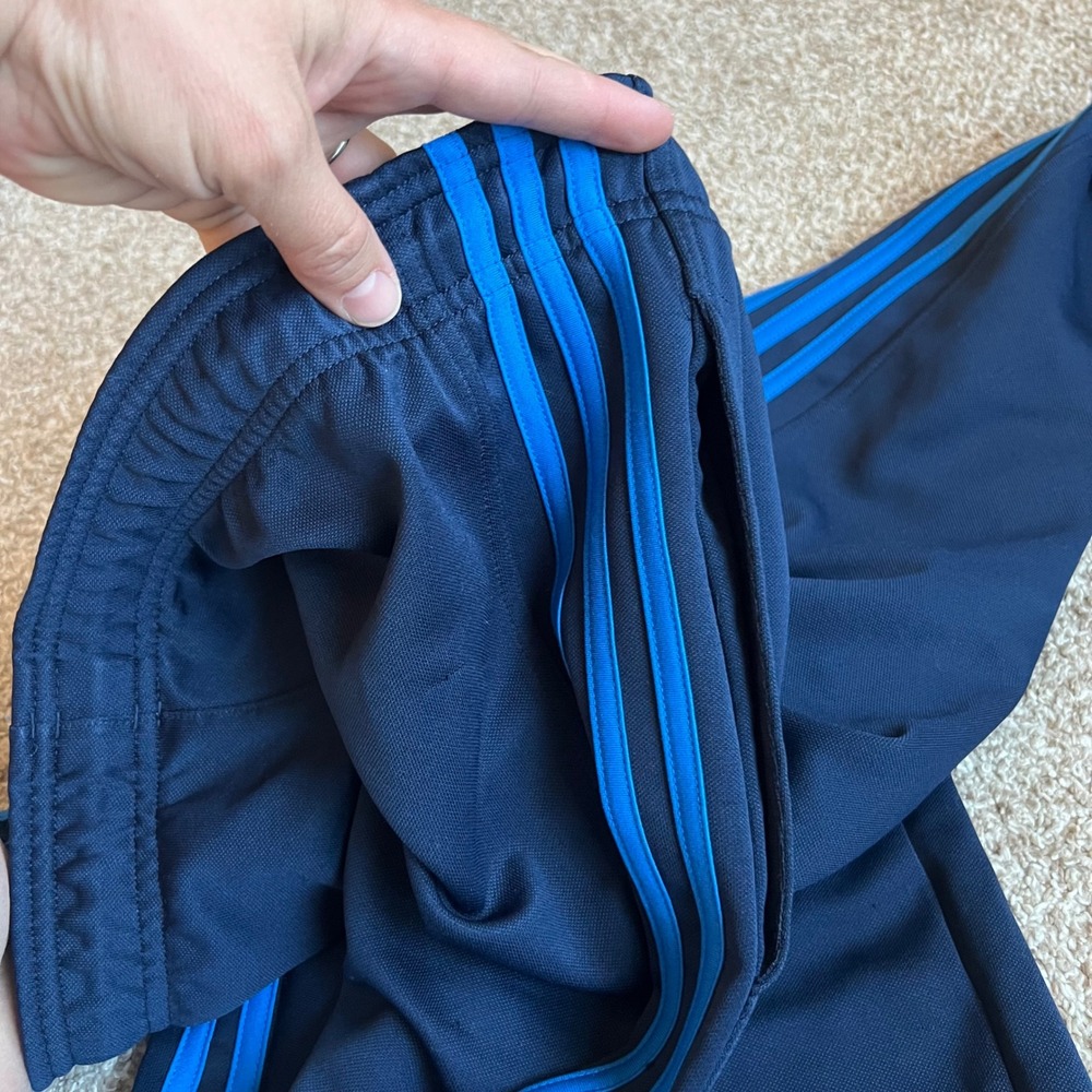 Adidas Mens Navy Blue Track Pants Three Stripe Athletic Trousers Large - Picture 10 of 11